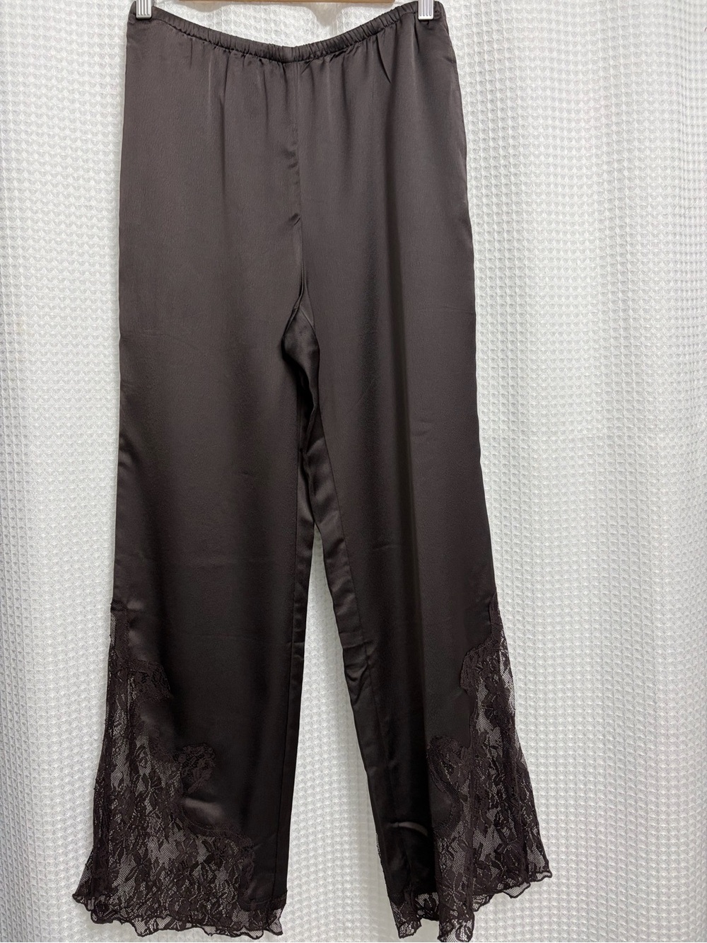 Satin Wide-Leg Lace Hem Pants - Dark Brown/ Size Medium